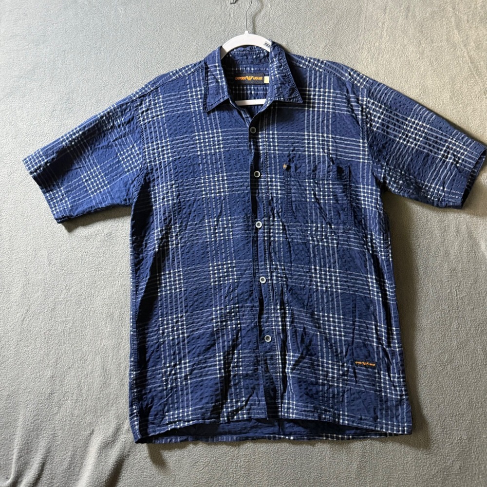 Emporio Armani Tag XL Fits L Seersucker Plaid Short Sleeve Button Shirt Navy
